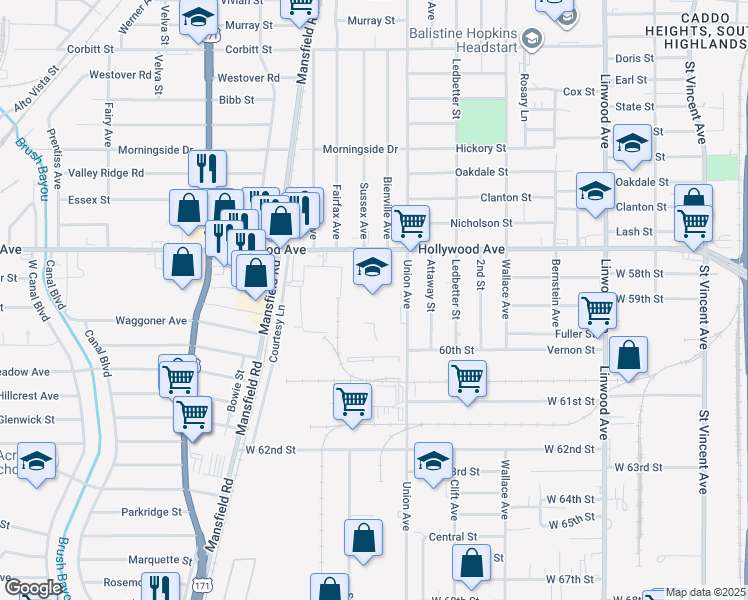 map of restaurants, bars, coffee shops, grocery stores, and more near 5950 Union Avenue in Shreveport