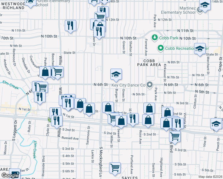 map of restaurants, bars, coffee shops, grocery stores, and more near 402 Burger Street in Abilene