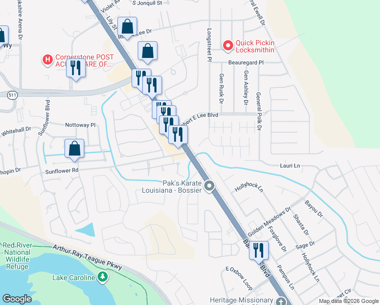 map of restaurants, bars, coffee shops, grocery stores, and more near 5153 Barksdale Boulevard in Bossier City