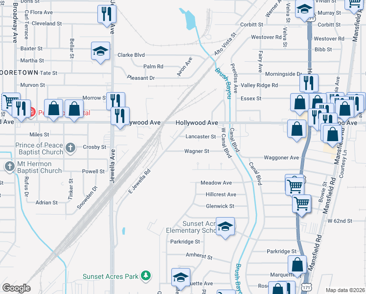 map of restaurants, bars, coffee shops, grocery stores, and more near 3245 Wagner Street in Shreveport