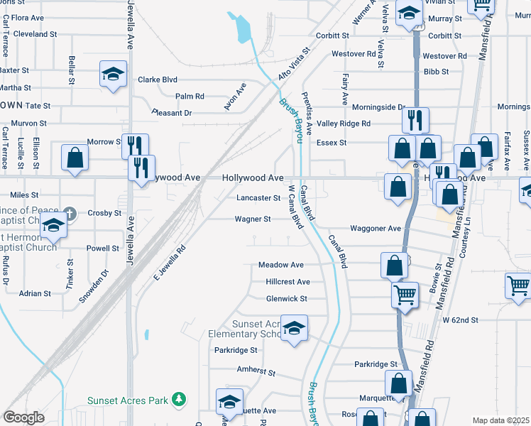 map of restaurants, bars, coffee shops, grocery stores, and more near 3218 Wagner Street in Shreveport