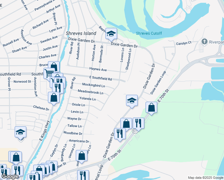 map of restaurants, bars, coffee shops, grocery stores, and more near 5743 Lovers Lane in Shreveport