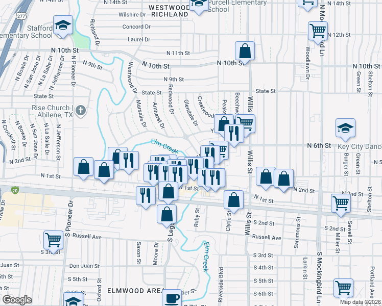 map of restaurants, bars, coffee shops, grocery stores, and more near 410 North Leggett Drive in Abilene