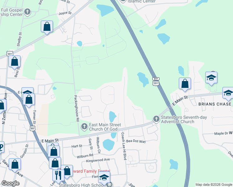 map of restaurants, bars, coffee shops, grocery stores, and more near 124 Blue Ridge Drive in Statesboro