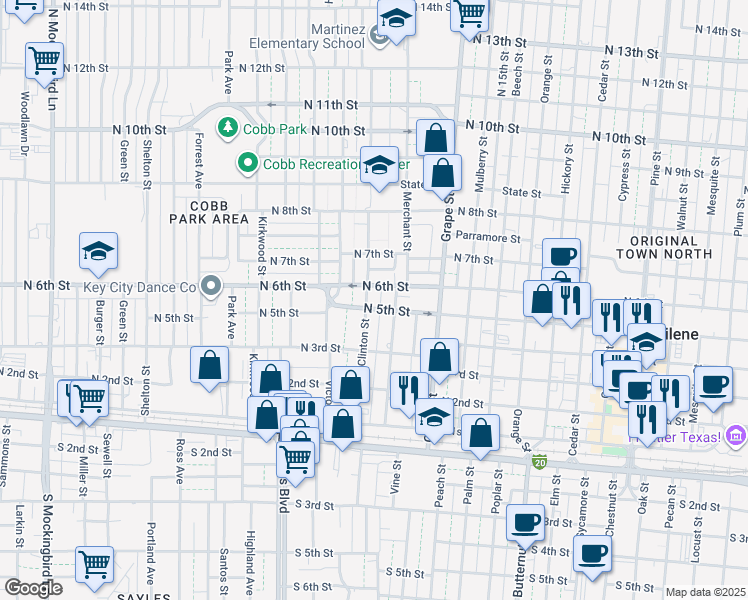 map of restaurants, bars, coffee shops, grocery stores, and more near 1842 North 5th Street in Abilene