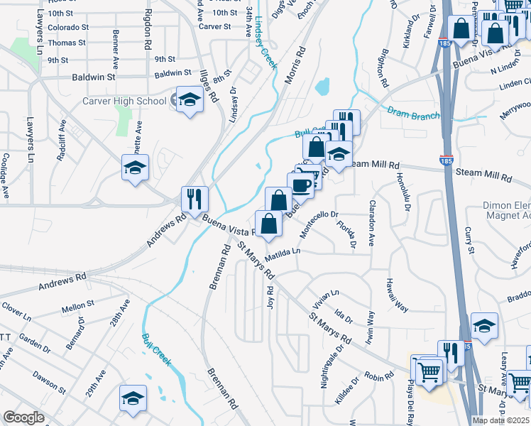 map of restaurants, bars, coffee shops, grocery stores, and more near 463 Old Buena Vista Road in Columbus