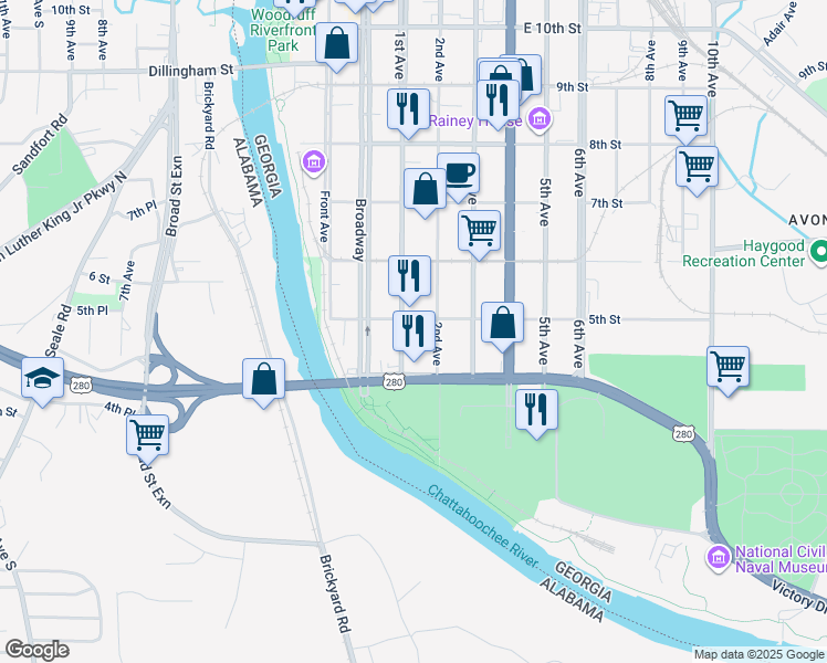 map of restaurants, bars, coffee shops, grocery stores, and more near 502 1st Avenue in Columbus