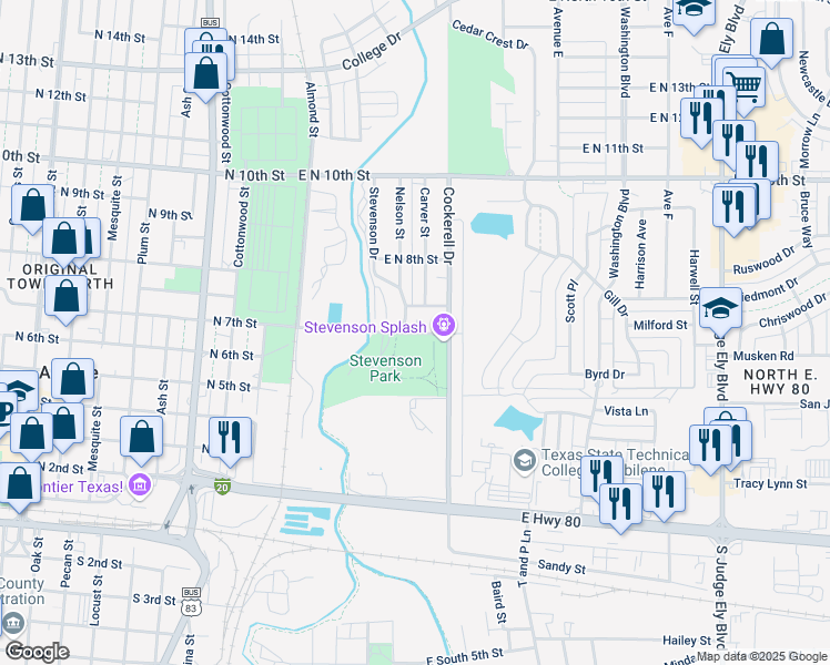 map of restaurants, bars, coffee shops, grocery stores, and more near 517 East Washington Street in Abilene
