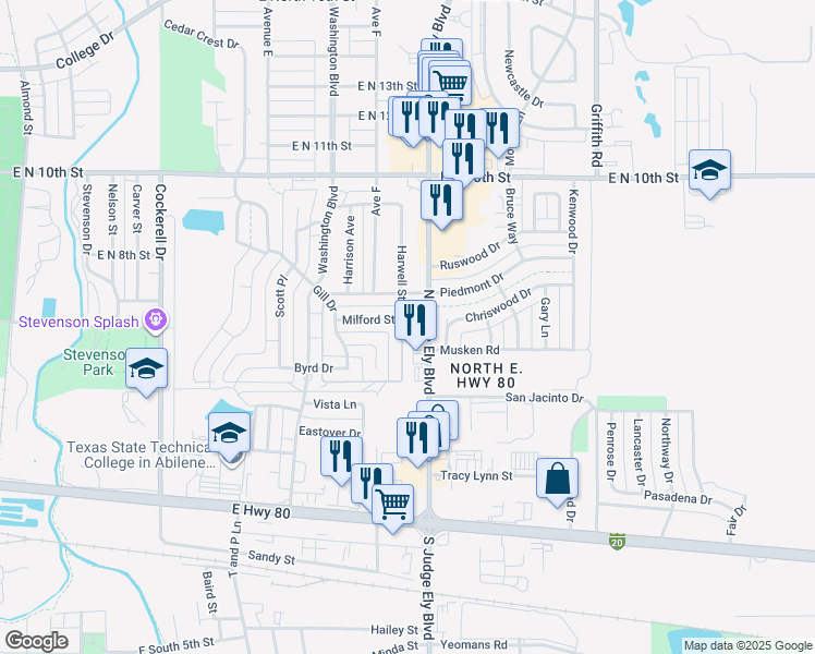 map of restaurants, bars, coffee shops, grocery stores, and more near 750 North Judge Ely Boulevard in Abilene