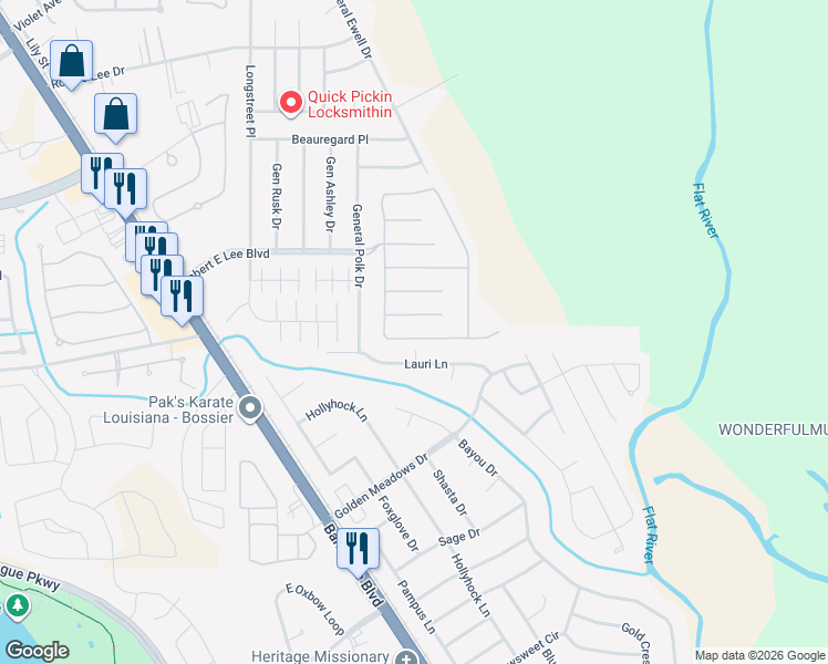 map of restaurants, bars, coffee shops, grocery stores, and more near 611 Manassas Circle in Bossier City