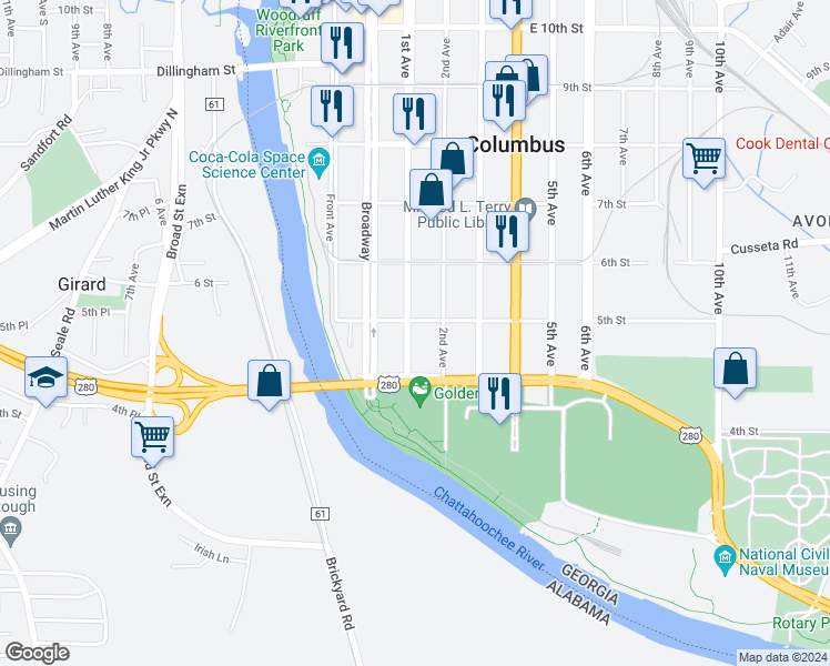 map of restaurants, bars, coffee shops, grocery stores, and more near 438 1st Avenue in Columbus