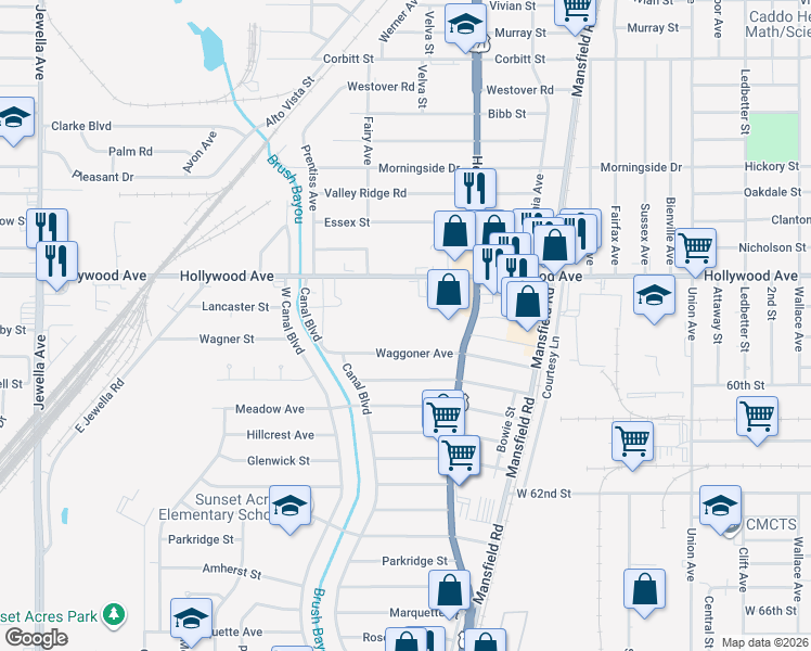 map of restaurants, bars, coffee shops, grocery stores, and more near 2835 Hollywood Avenue in Shreveport