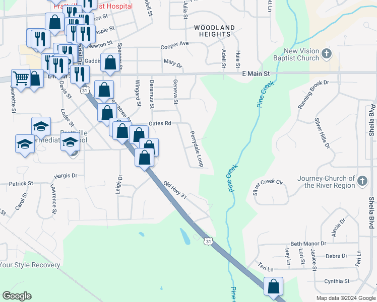 map of restaurants, bars, coffee shops, grocery stores, and more near 1115 Perrydale Loop in Prattville