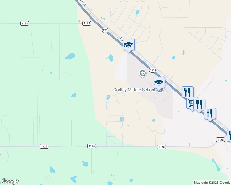 map of restaurants, bars, coffee shops, grocery stores, and more near 9401 Highway 171 in Godley