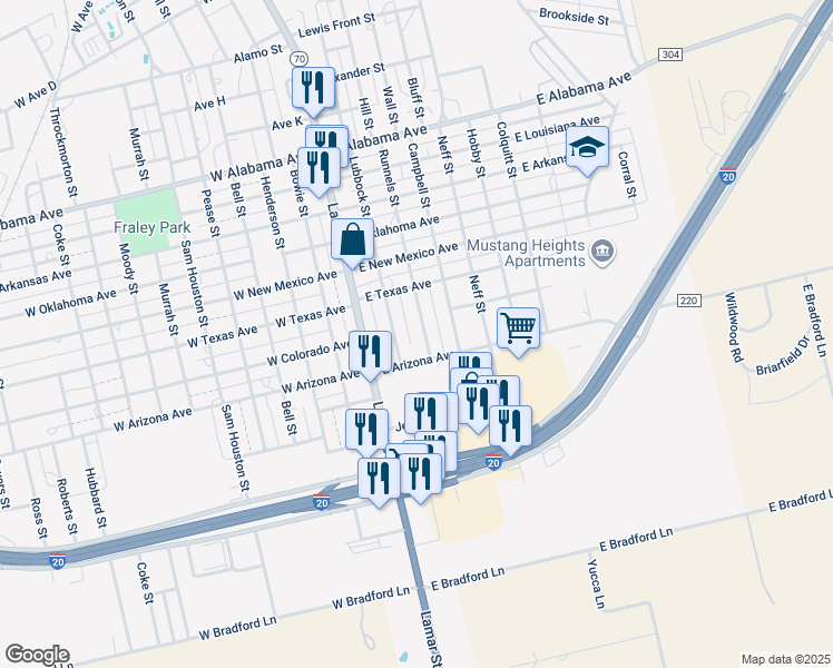 map of restaurants, bars, coffee shops, grocery stores, and more near 1410 Runnels Street in Sweetwater