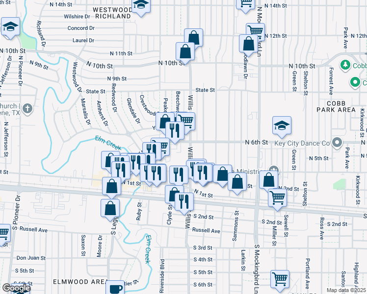 map of restaurants, bars, coffee shops, grocery stores, and more near 3520 North 6th Street in Abilene