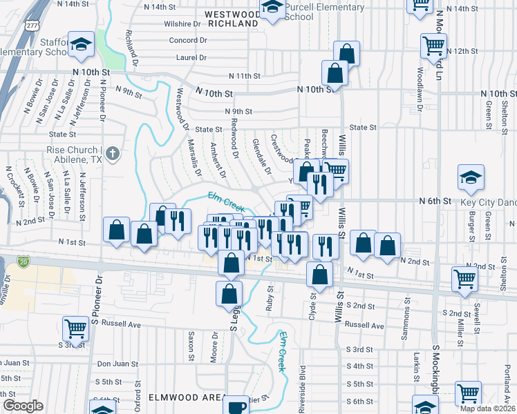 map of restaurants, bars, coffee shops, grocery stores, and more near 600 Westwood Drive in Abilene