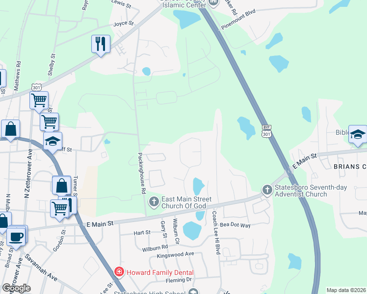 map of restaurants, bars, coffee shops, grocery stores, and more near 142 Blue Ridge Drive in Statesboro