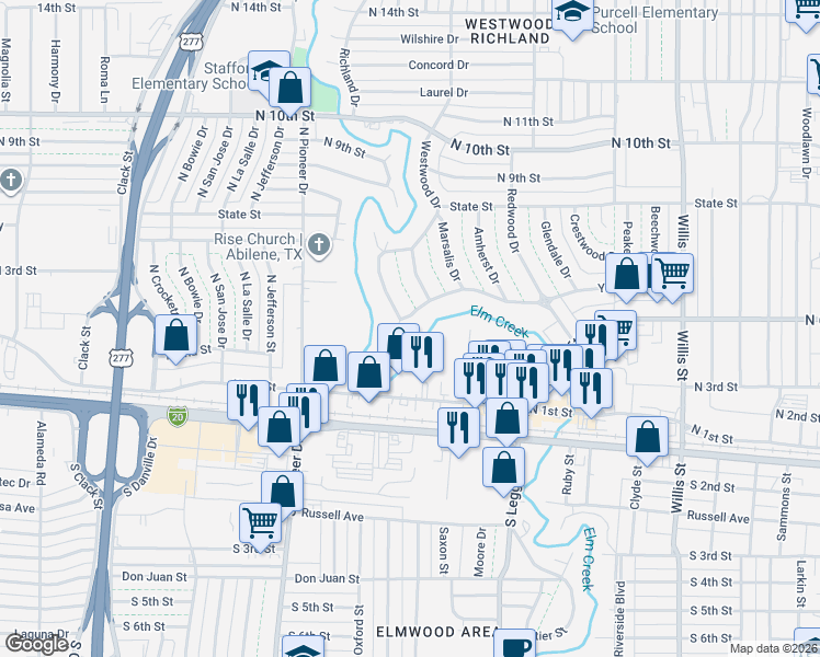 map of restaurants, bars, coffee shops, grocery stores, and more near 695 Westwood Drive in Abilene