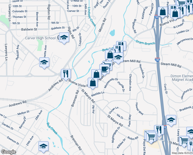 map of restaurants, bars, coffee shops, grocery stores, and more near 505 Old Buena Vista Road in Columbus