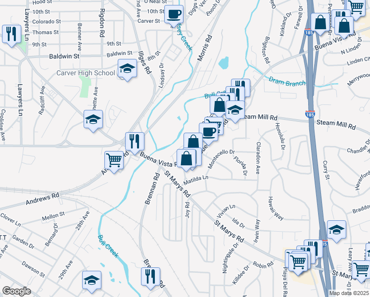 map of restaurants, bars, coffee shops, grocery stores, and more near 463 Old Buena Vista Road in Columbus