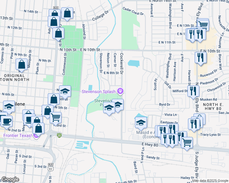 map of restaurants, bars, coffee shops, grocery stores, and more near 549 East Washington Street in Abilene