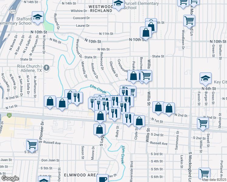 map of restaurants, bars, coffee shops, grocery stores, and more near 655 Westwood Drive in Abilene