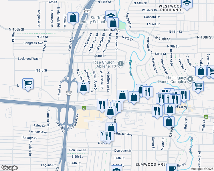 map of restaurants, bars, coffee shops, grocery stores, and more near 325 North Jefferson Street in Abilene