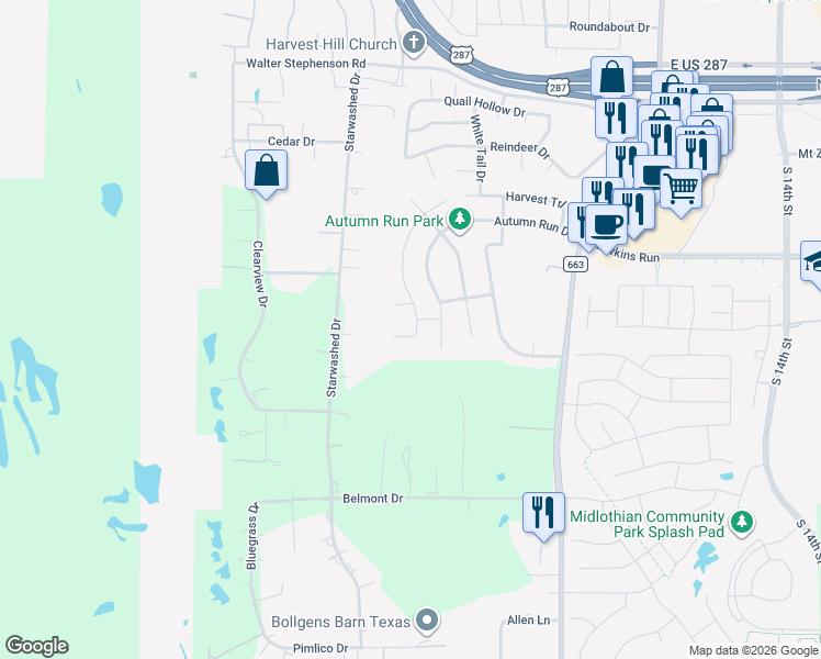 map of restaurants, bars, coffee shops, grocery stores, and more near 801 Sundown Court in Midlothian
