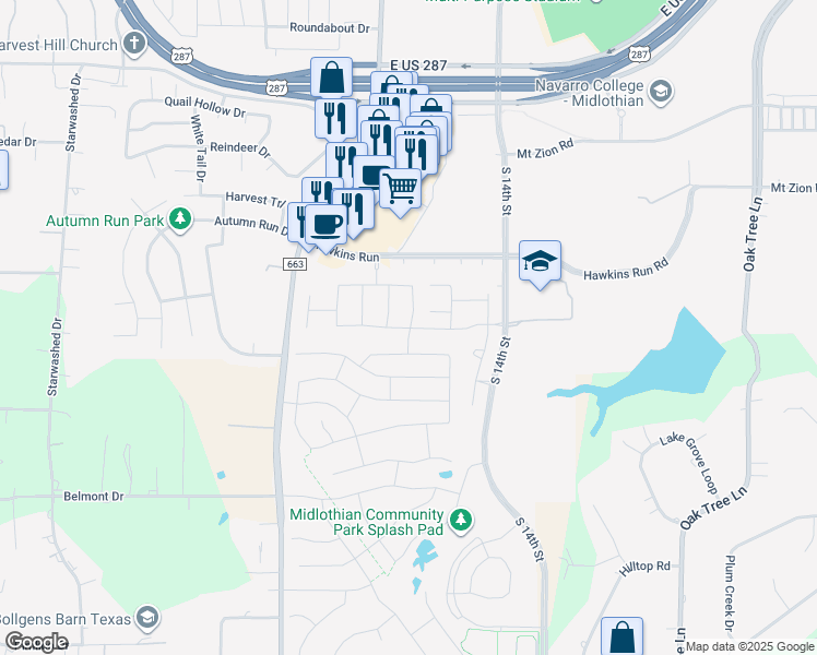 map of restaurants, bars, coffee shops, grocery stores, and more near 2622 Flat Bush Avenue in Midlothian