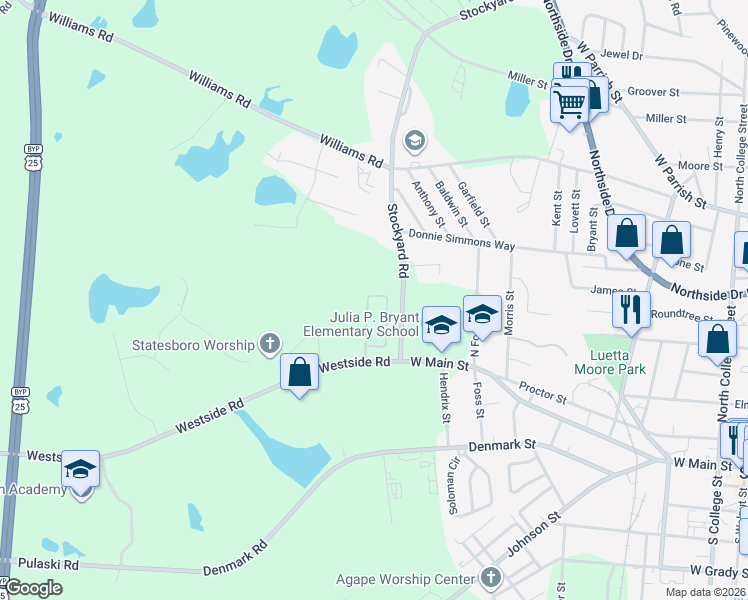map of restaurants, bars, coffee shops, grocery stores, and more near 1 Grove Circle in Statesboro