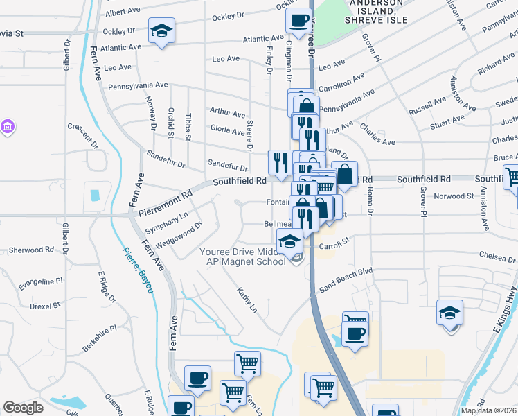 map of restaurants, bars, coffee shops, grocery stores, and more near 352 Fontaine Street in Shreveport