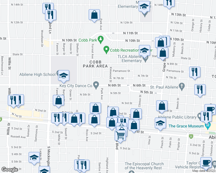 map of restaurants, bars, coffee shops, grocery stores, and more near 542 Kirkwood Street in Abilene