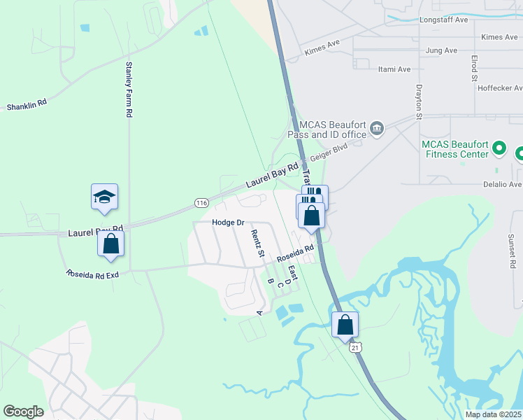 map of restaurants, bars, coffee shops, grocery stores, and more near 34 Westgate Circle in Beaufort