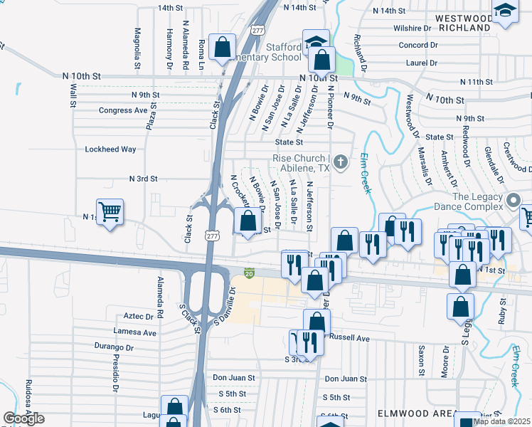 map of restaurants, bars, coffee shops, grocery stores, and more near 301 North Bowie Drive in Abilene