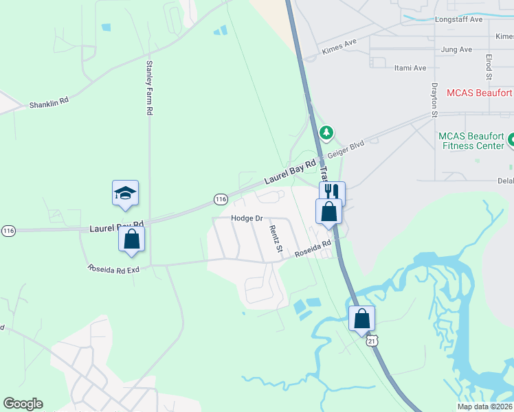 map of restaurants, bars, coffee shops, grocery stores, and more near 20 Westgate Circle in Beaufort