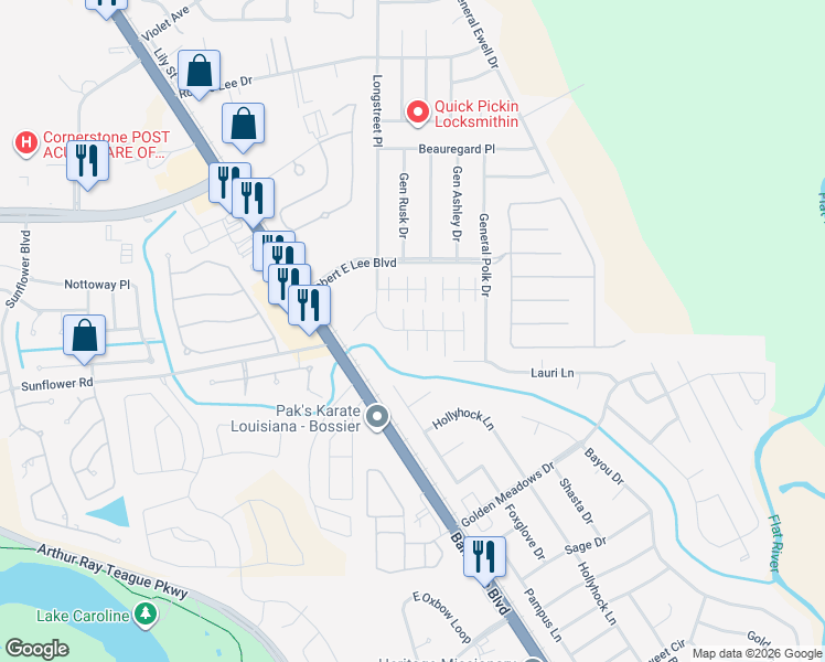 map of restaurants, bars, coffee shops, grocery stores, and more near 5057 Longstreet Pl in Bossier City