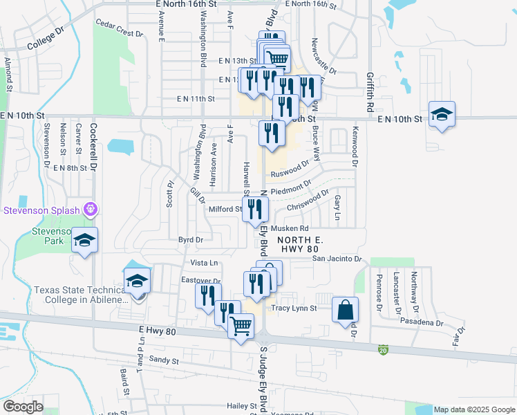 map of restaurants, bars, coffee shops, grocery stores, and more near 750 North Judge Ely Boulevard in Abilene