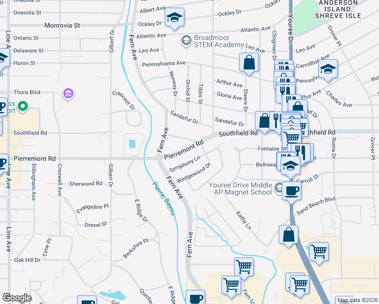 map of restaurants, bars, coffee shops, grocery stores, and more near 233 Pierremont Road in Shreveport