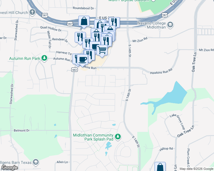 map of restaurants, bars, coffee shops, grocery stores, and more near 2622 Flat Bush Avenue in Midlothian