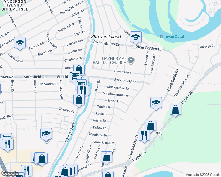 map of restaurants, bars, coffee shops, grocery stores, and more near 331 Mockingbird Lane in Shreveport
