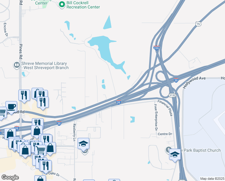 map of restaurants, bars, coffee shops, grocery stores, and more near 4422 Wildwood Drive in Shreveport