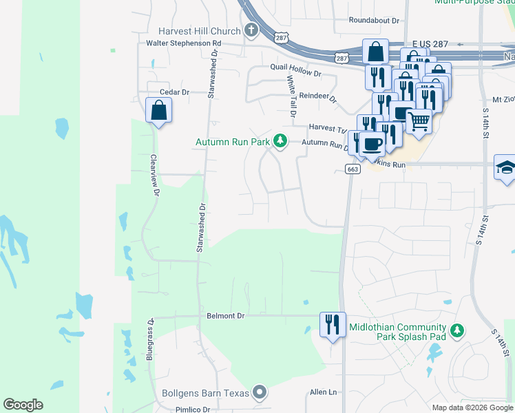 map of restaurants, bars, coffee shops, grocery stores, and more near 801 Sundown Ct in Midlothian