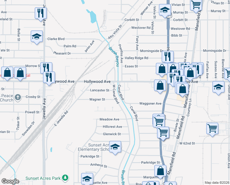 map of restaurants, bars, coffee shops, grocery stores, and more near 5839 West Canal Boulevard in Shreveport