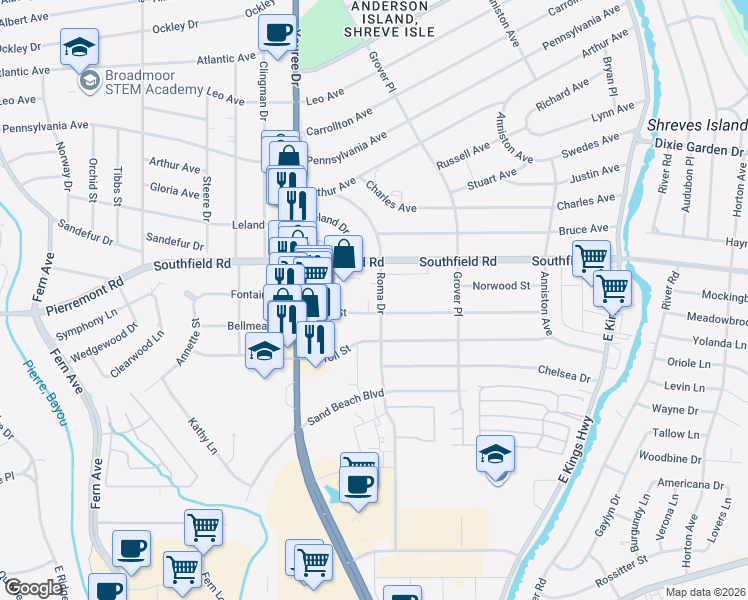 map of restaurants, bars, coffee shops, grocery stores, and more near 5726 Roma Drive in Shreveport