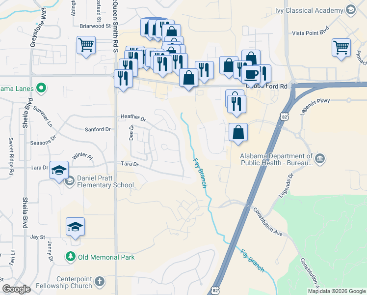map of restaurants, bars, coffee shops, grocery stores, and more near 827 Heather Drive in Prattville