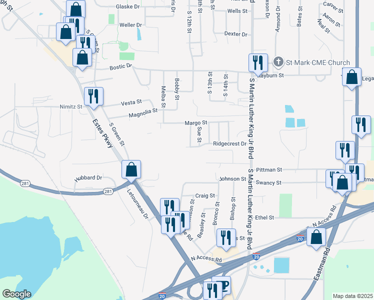 map of restaurants, bars, coffee shops, grocery stores, and more near 511 Eugene Street in Longview