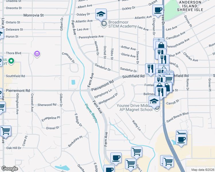 map of restaurants, bars, coffee shops, grocery stores, and more near 233 Pierremont Road in Shreveport