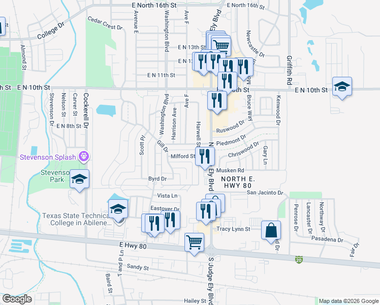 map of restaurants, bars, coffee shops, grocery stores, and more near 910 Milford St in Abilene