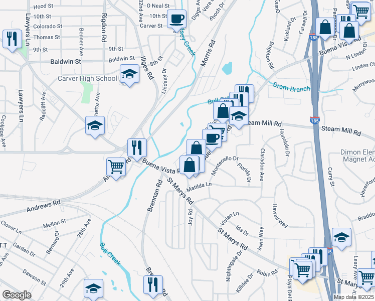 map of restaurants, bars, coffee shops, grocery stores, and more near 463 Old Buena Vista Road in Columbus